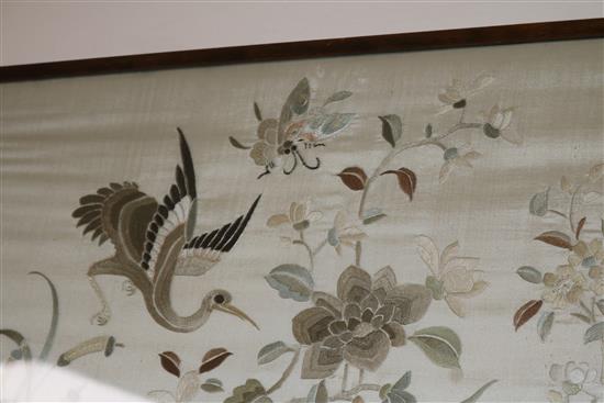 A Chinese embroidered silk bird panel width 60cm height 56cm